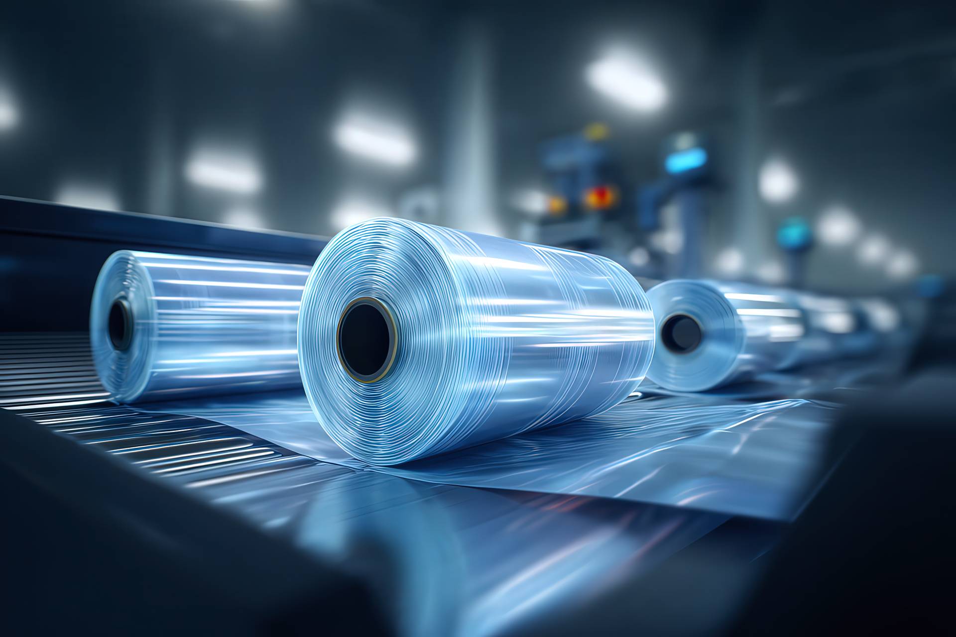 Dettaglio di bobine traslucide su nastro industriale in movimento