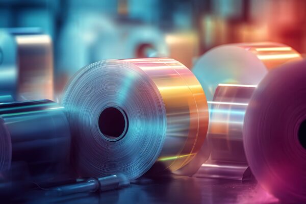 Bobine di film plastico e compostabile su fondo tecnico con sovrapposizioni grafiche