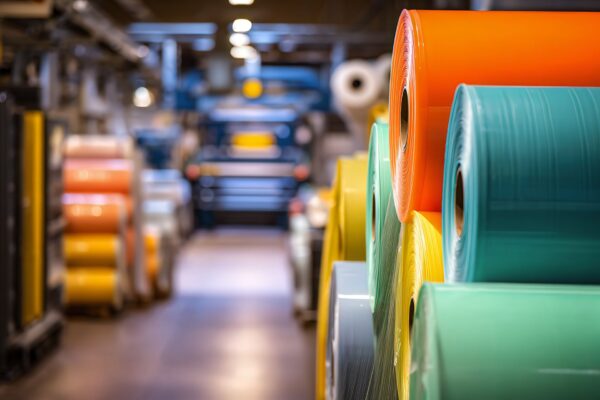Linea produttiva con bobine, buste stampate e taglio su film