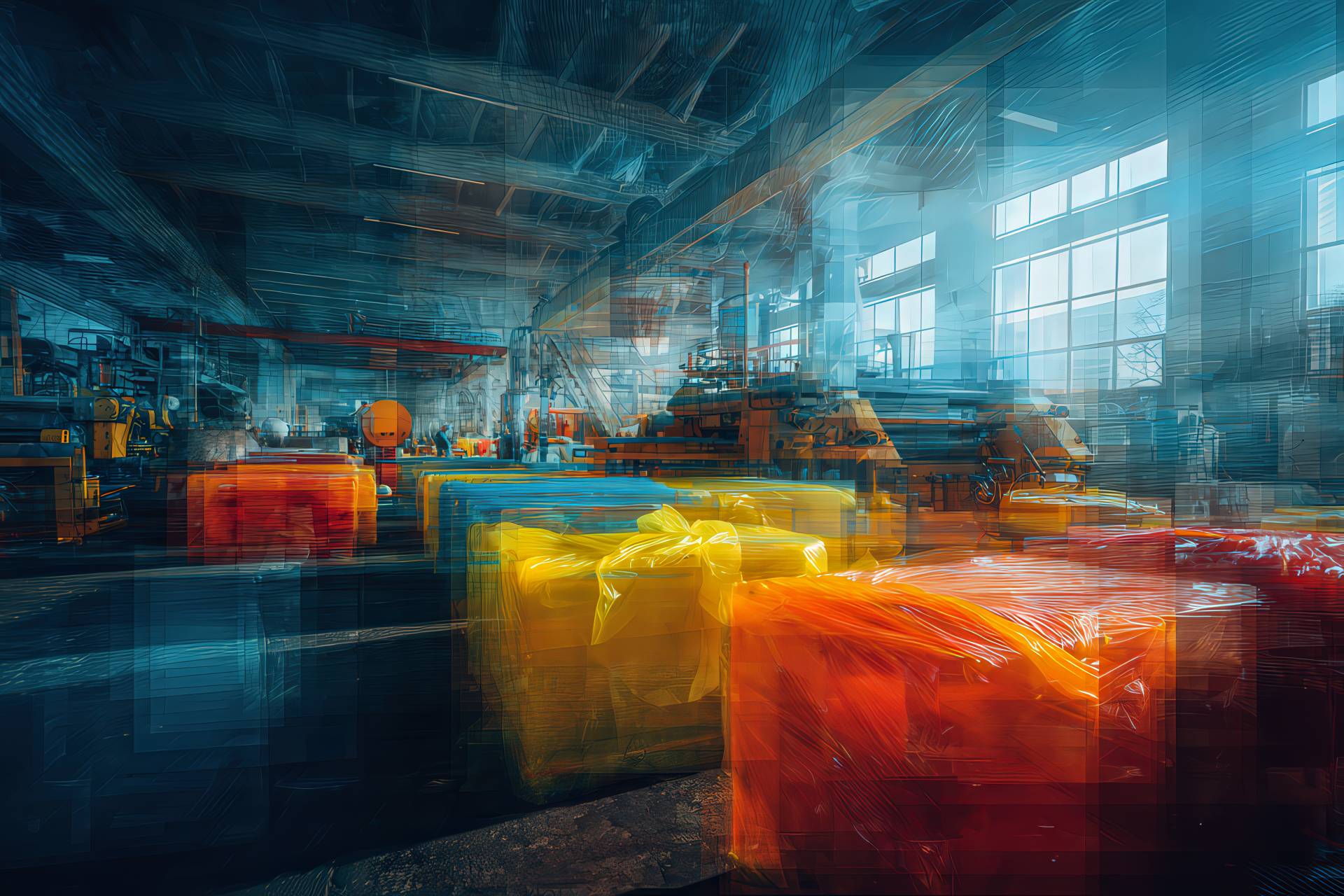 Stabilimento industriale LPM con macchine in funzione e rotoli di plastica colorata in produzione