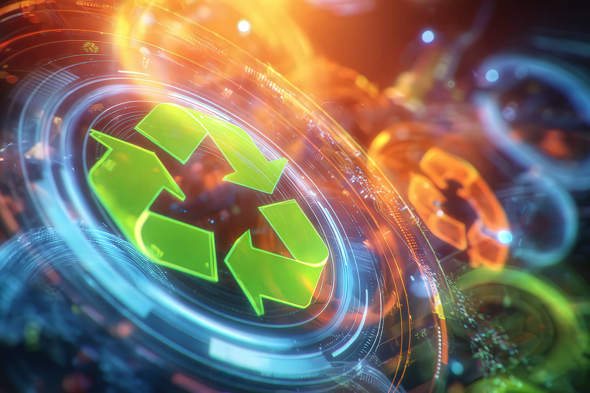 Visualizzazione creativa e luminosa della filiera dei biopolimeri e del riciclo con dati ambientali e grafica molecolare