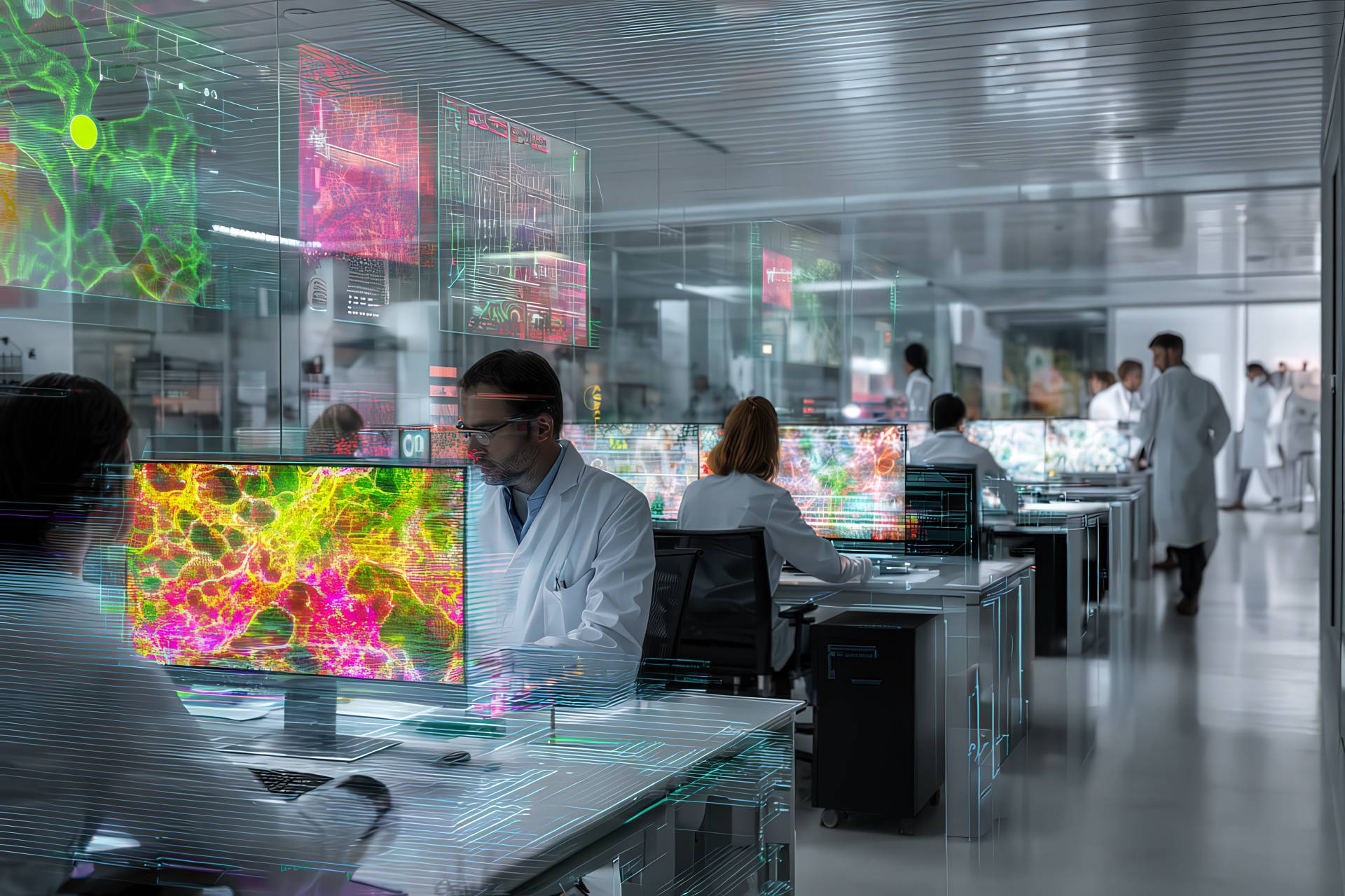 Ingegneri al lavoro in ufficio tecnico con simulazioni su schermo e grafica molecolare in sovrapposizione
