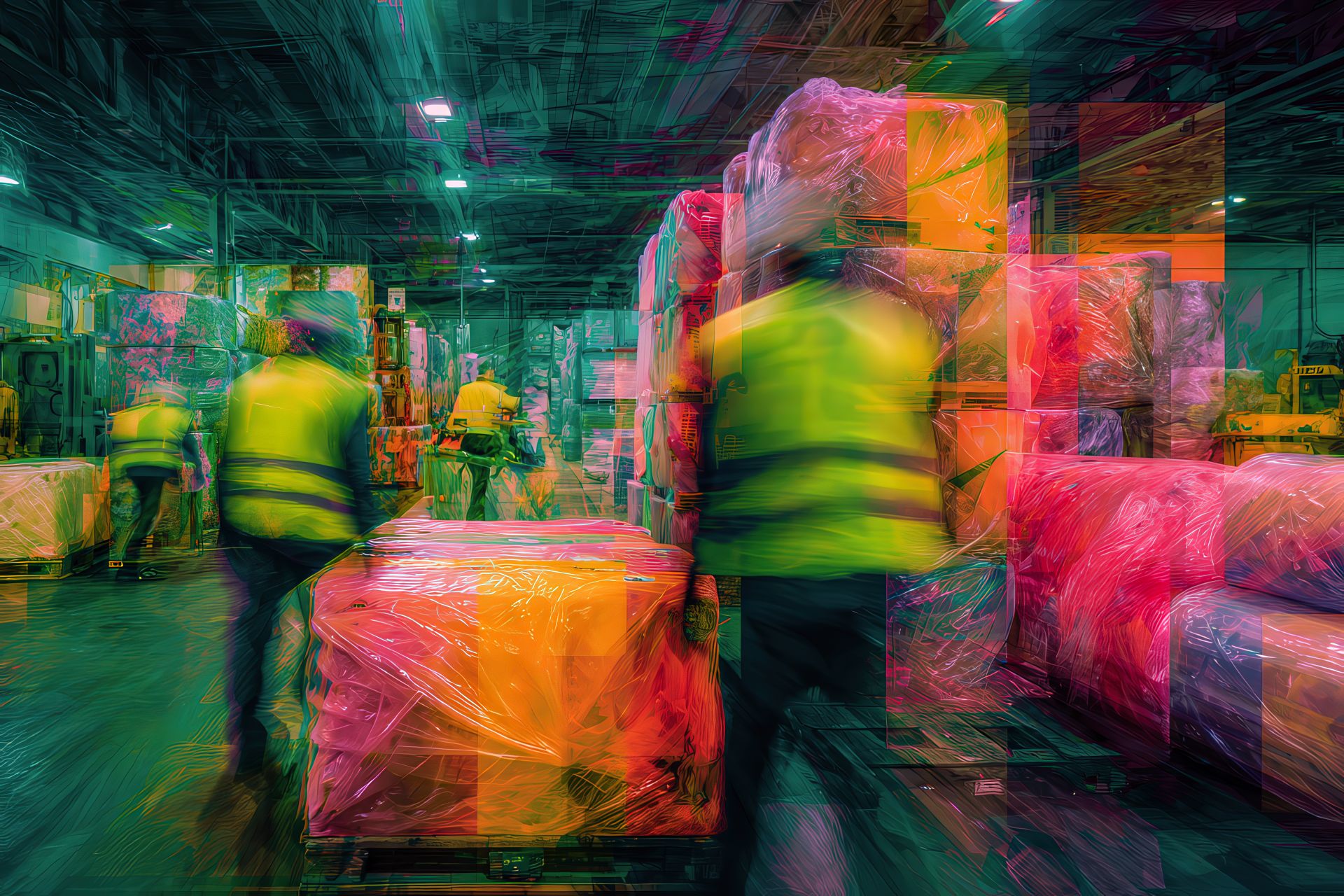 Operatori al lavoro con rotoli di sacchetti PratiPack in un ambiente industriale