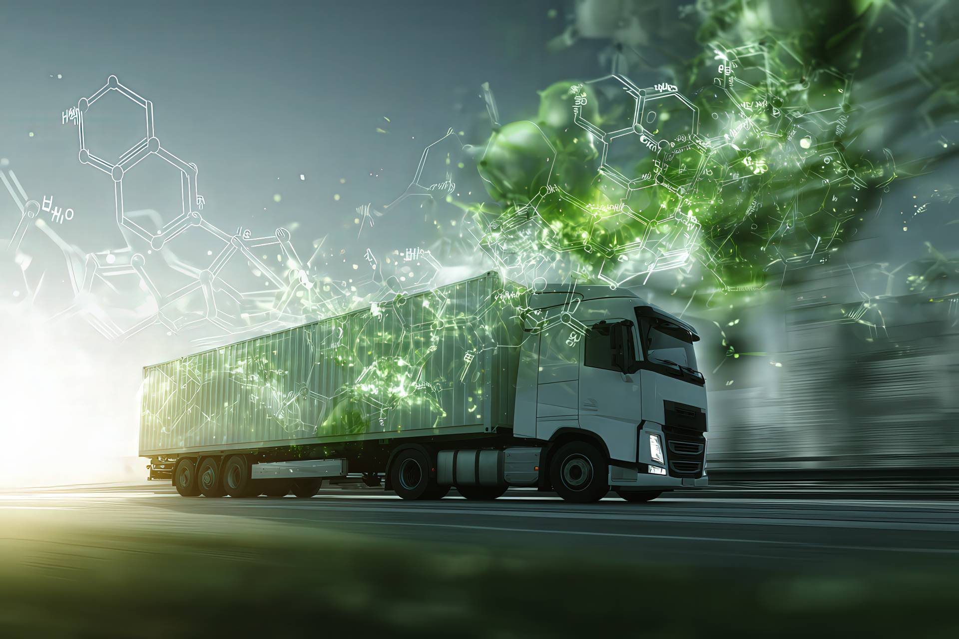 Catena polimerica verde brillante con grafica molecolare e camion bianco in movimento