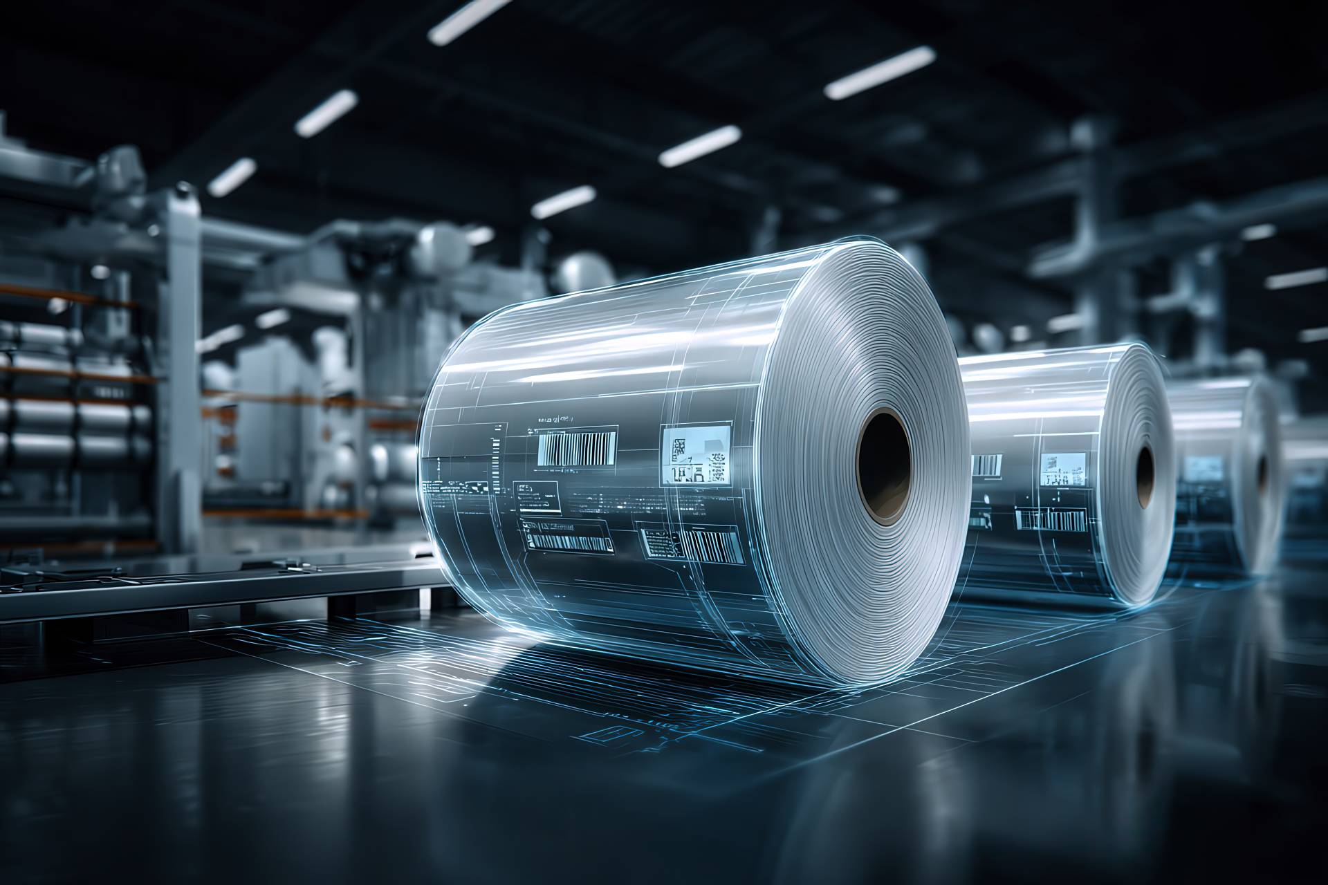 Ambiente industriale con dati legali sovrapposti a bobine compostabili e catene polimeriche trasparenti