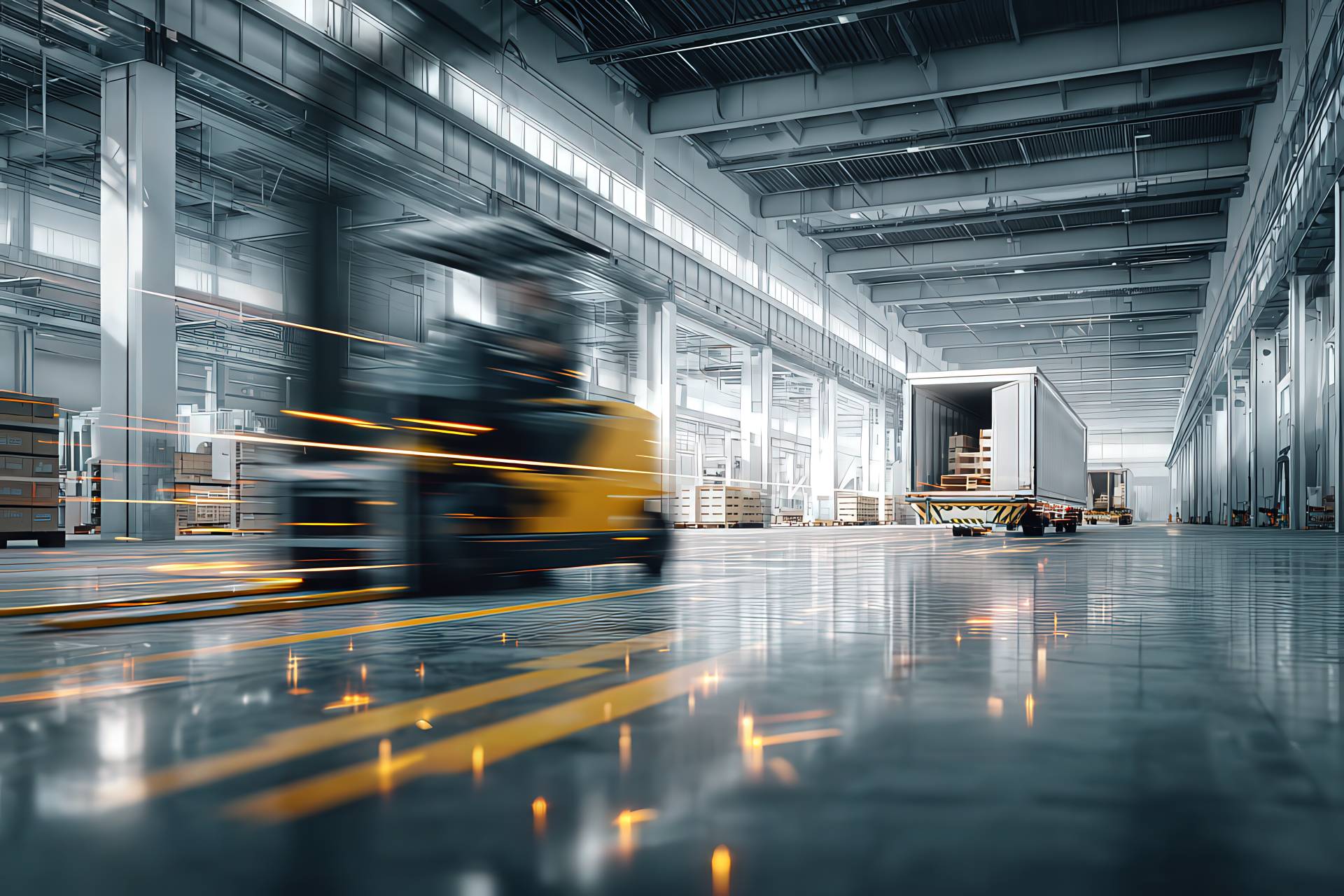 Muletto carica pallet su camion in magazzino industriale illuminato da luce naturale