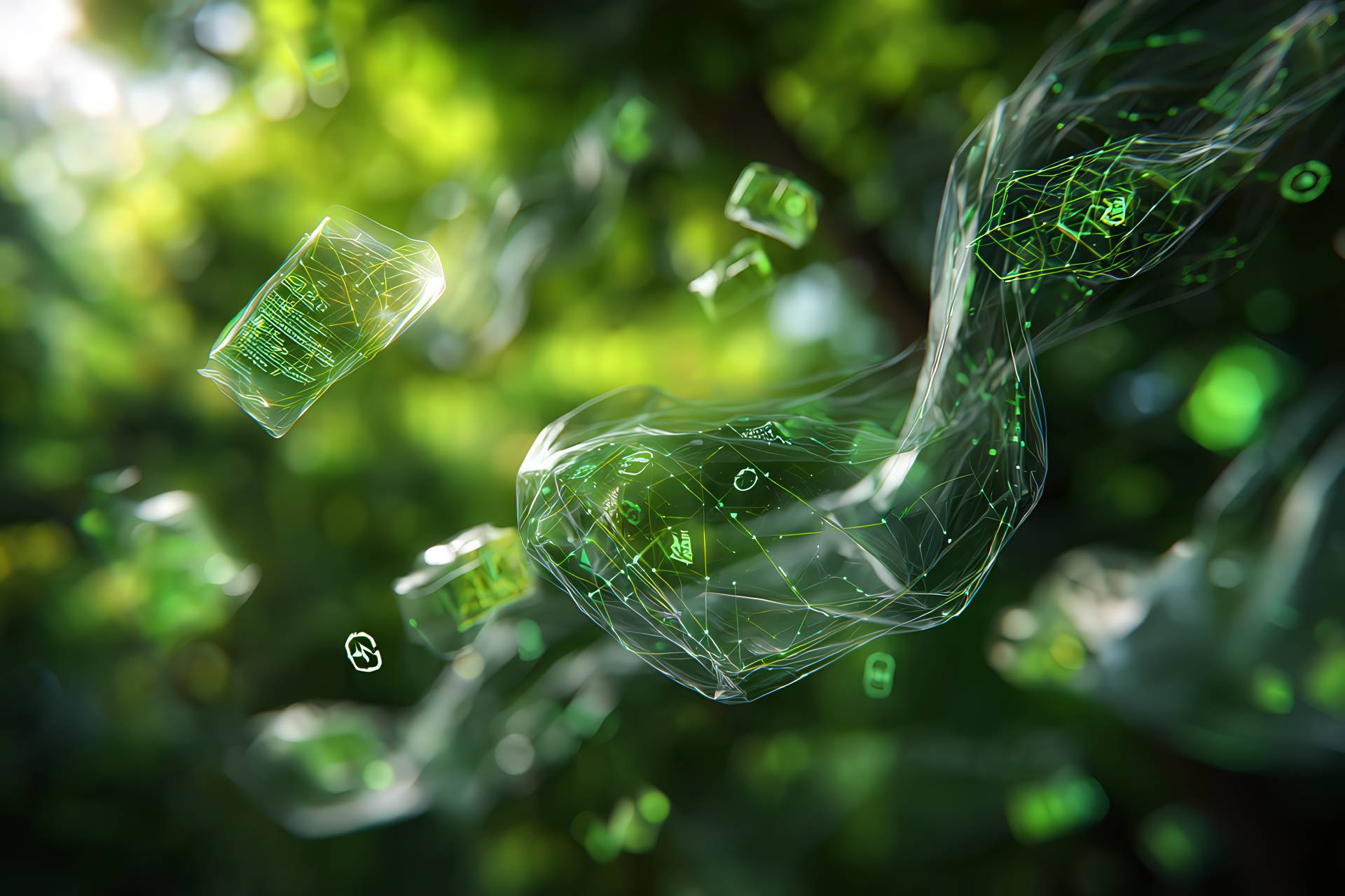 Composizione visiva futuristica con sacchetti compostabili, elementi di innovazione e connessioni ecologiche