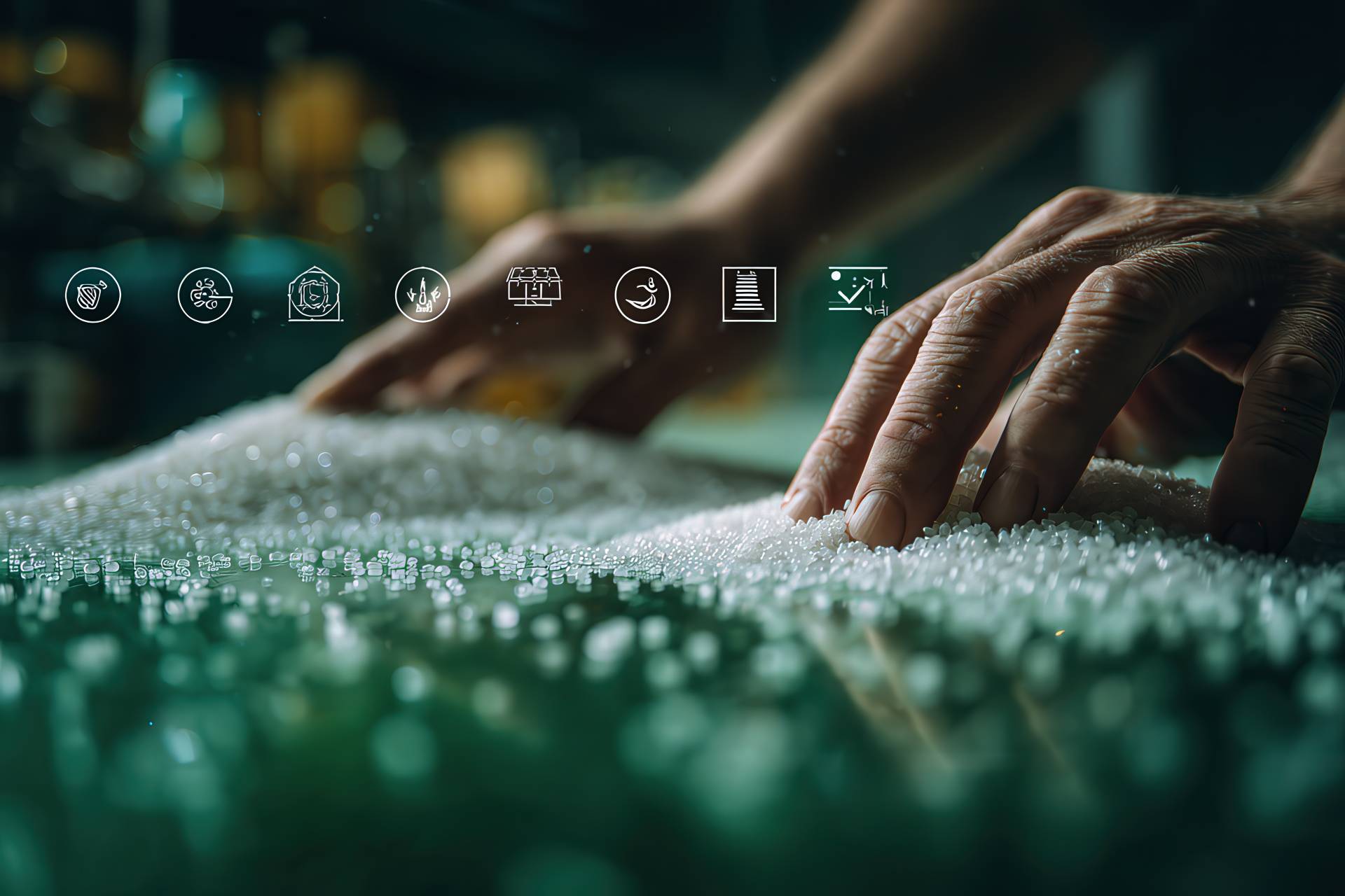 Mani che ispezionano granuli plastici su sfondo tecnico con elementi di certificazione