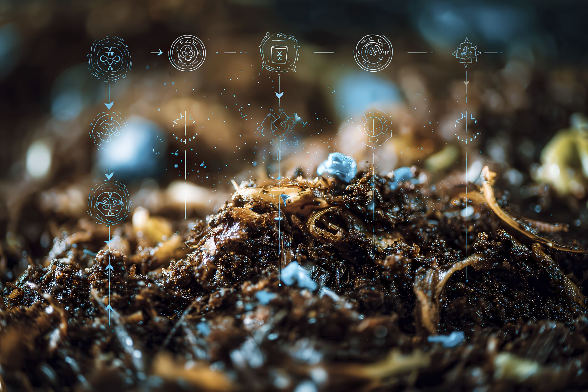 Visuale editoriale su compost, packaging compostabile EN 13432 e flusso bidone-impianto