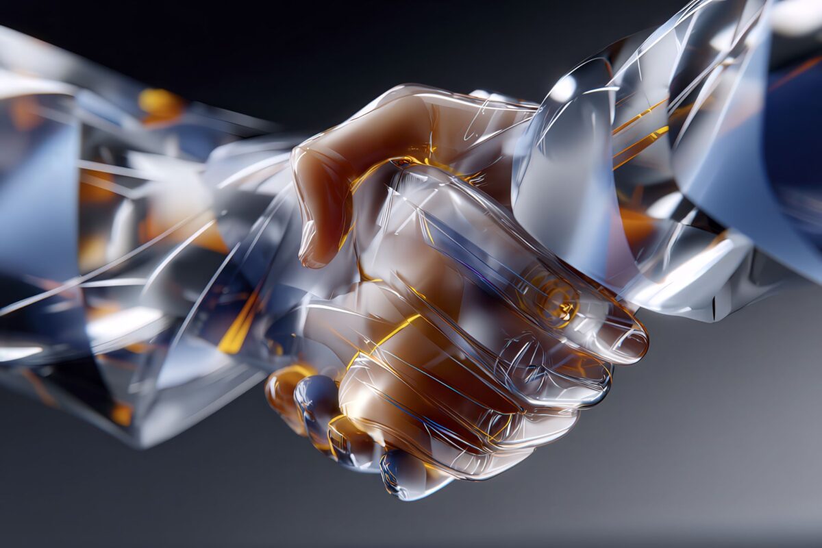 Composizione astratta con livelli in movimento e motivi polimerici, palette blu/ambra