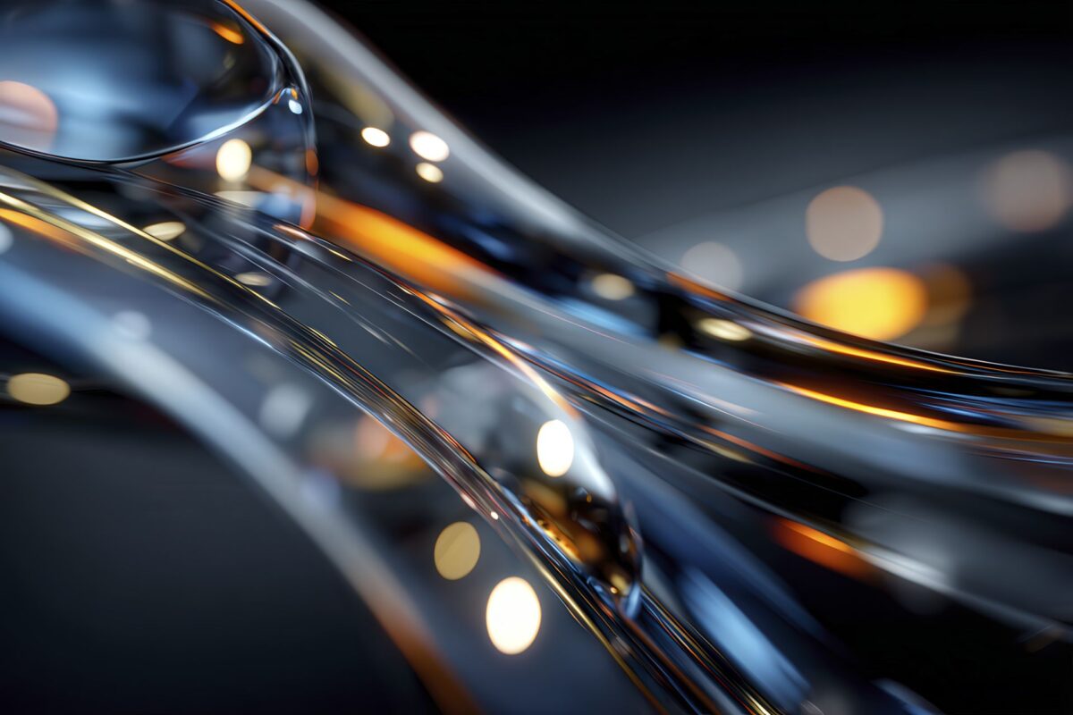 Composizione astratta con catene polimeriche e effetti di movimento blu e ambra