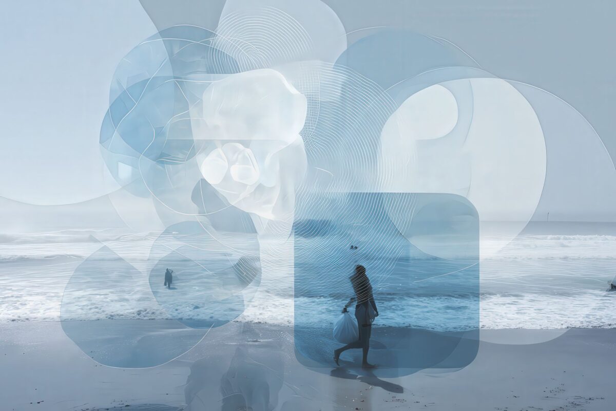 Collage editoriale su PPWR, DRS e bioplastiche con catene polimeriche blu e icone circolari