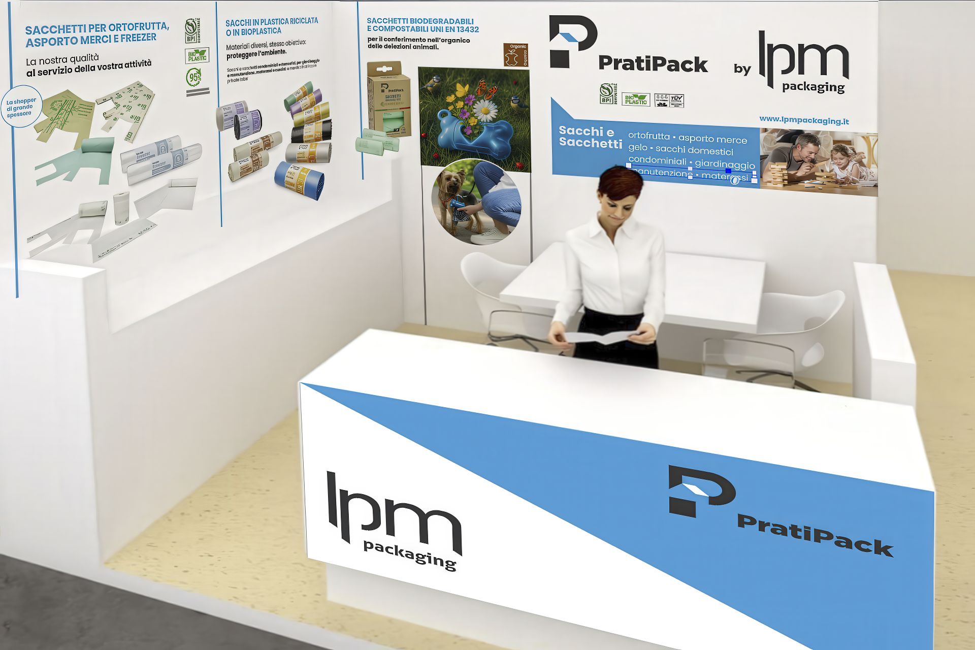 Rending dello stand LPM PACKAGING per la presentazione dei prodotti PRATIPACK a ECOMONDO 2025