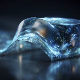 Nachhaltige Verpackung aus kompostierbaren Biokunststoffen und Recyclingmaterialien mit Blaulichteffekt.