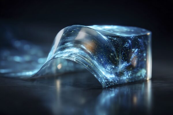 Packaging sostenibile realizzato con bioplastiche compostabili e materiali riciclati, con effetto luminoso blu.